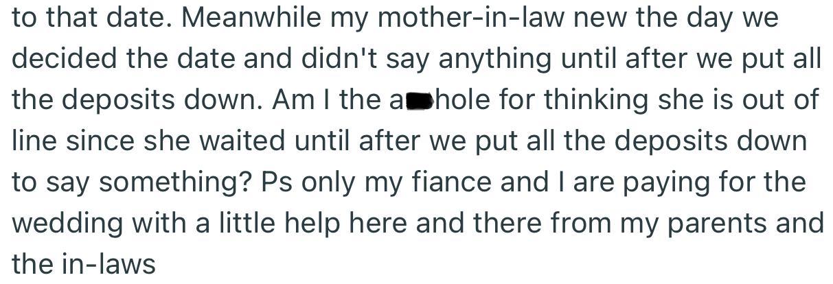 OP and her fiancé are not willing to change the date, especially since they have put all the deposits down