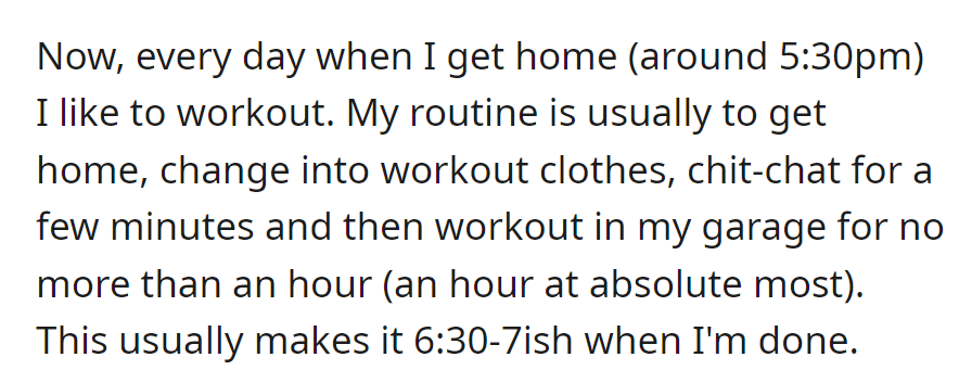 Home at 5:30 pm, quick change, chit-chat, garage workout wrapped up by 7-ish.