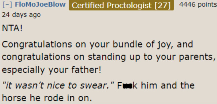 Redditors applaud the OP for her effort in protecting her child by standing up to her parents.