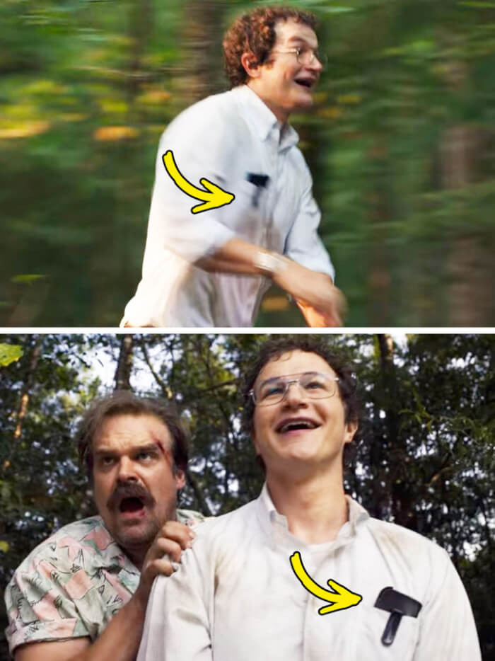 6. In season 3, when Alexei was on the run from Hopper, you can see how the image was reversed; when he was running, the shirt pockets were on the right, but when you see them from the front, the shirt pockets moved to the left.