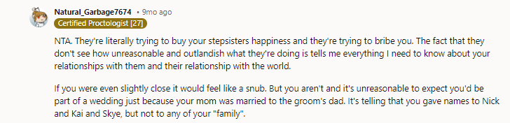 Definitely NTA. Talk about buying affection!