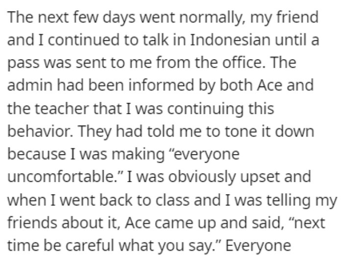 OP Was Told to Stop Talking in Indonesian Because It Was Making Everyone Uncomfortable