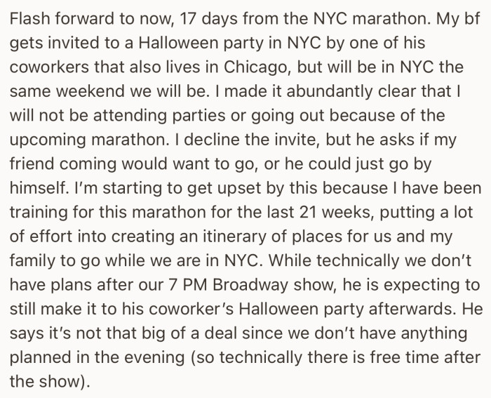 OP expects her boyfriend to be by her side throughout their stay in NYC. But apparently, he has plans to attend a Halloween party
