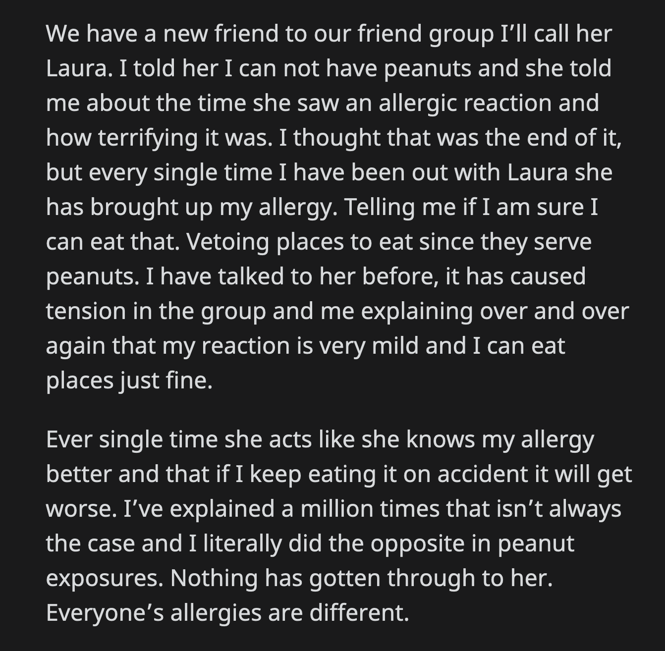 OP Told Laura to Stop Micromanaging Their Allergy and Involving Them in Her Trauma.