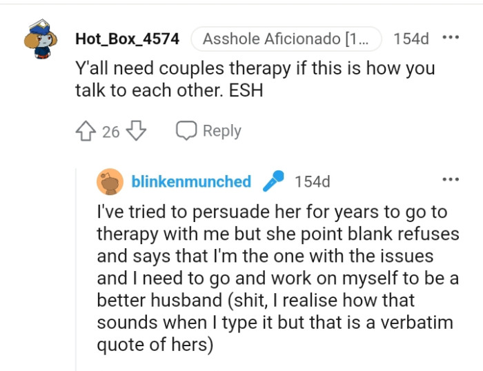 This Redditor suggests they go for couple's counseling