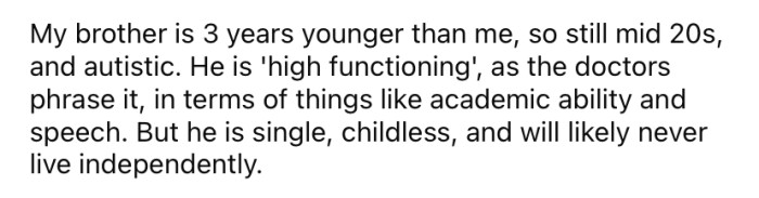 They explained that their brother is in his mid-20s and is autistic.