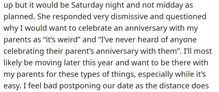 But his father reminded him of their anniversary, so he told his girlfriend they would still meet just a few hours later: