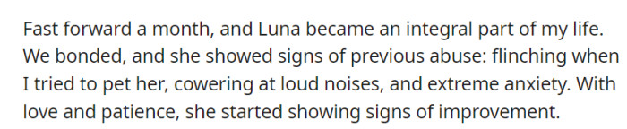 In just a month, Luna, evidently a victim of abuse, became an integral part of their life, showing signs of improvement through love and patience.