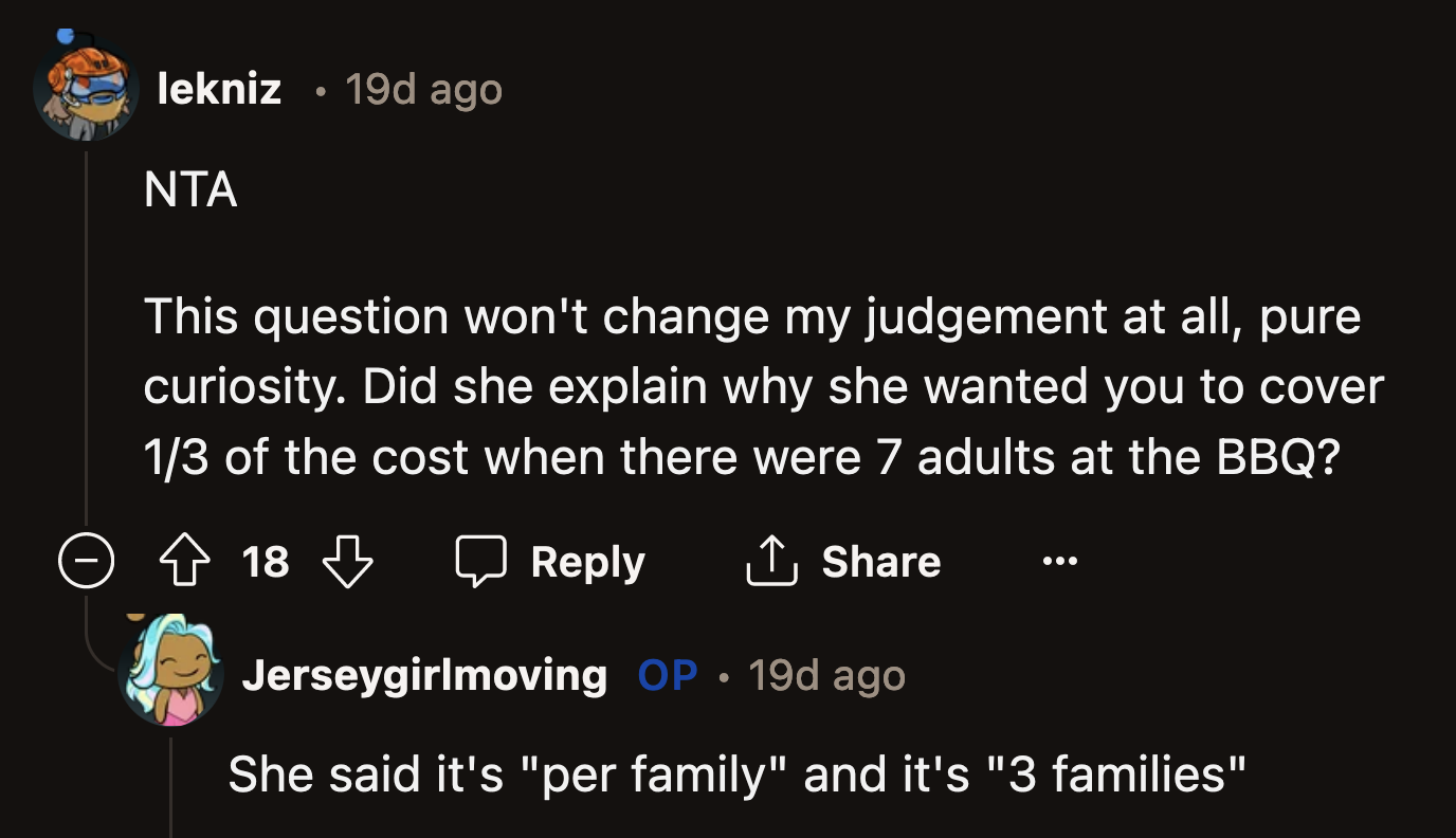 OP's friend wanted her to fund her family's barbecue. It wasn't a thoughtful invite.