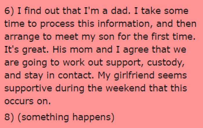It turns out that OP is the father, and he does his best to work things out