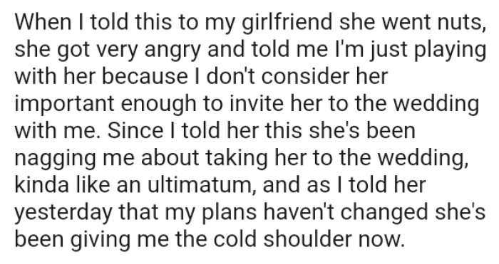 The girlfriend says the OP doesn't consider her important enough to invite her to the wedding with him