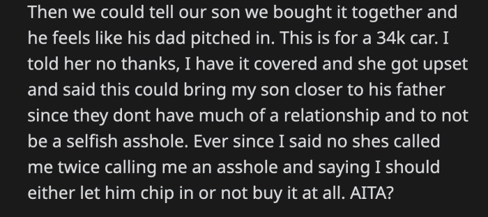 That Way They Could Say That Mom and Dad Bought the Car for Their Son. OP Would Pay $33,840 While They Chipped in $160 for Equal Credit.