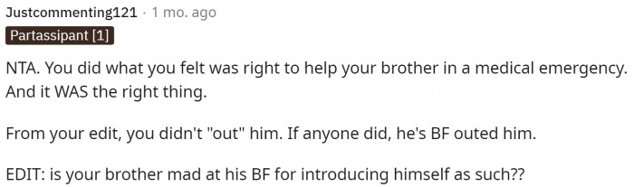 The first comment states that she's NTA and that technically she didn't out him; his boyfriend did.