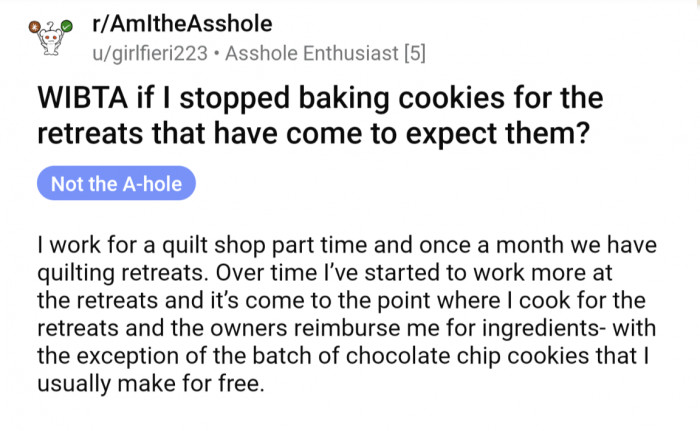 Her original post explained some background about her working at a quilt shop that hosted monthly retreats