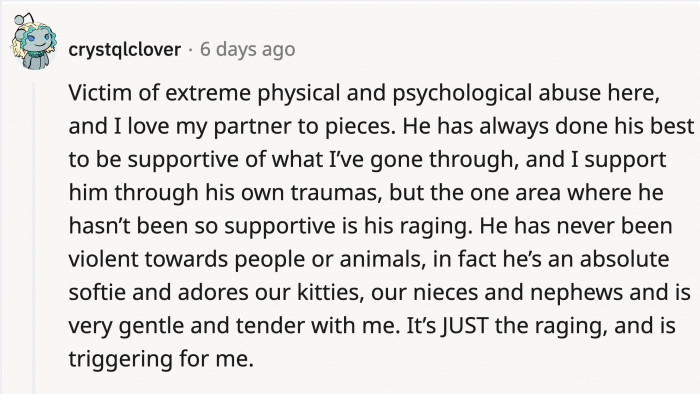 Someone who was a victim of physical and psychological abuse shared their experience with their partner