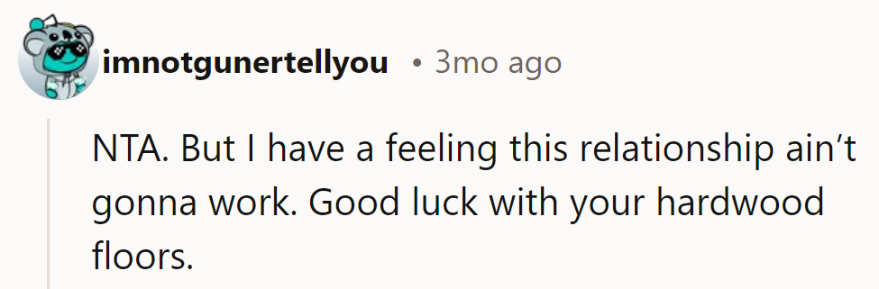 NTA. But this relationship might be on thin ice. Good luck protecting those hardwood floors!