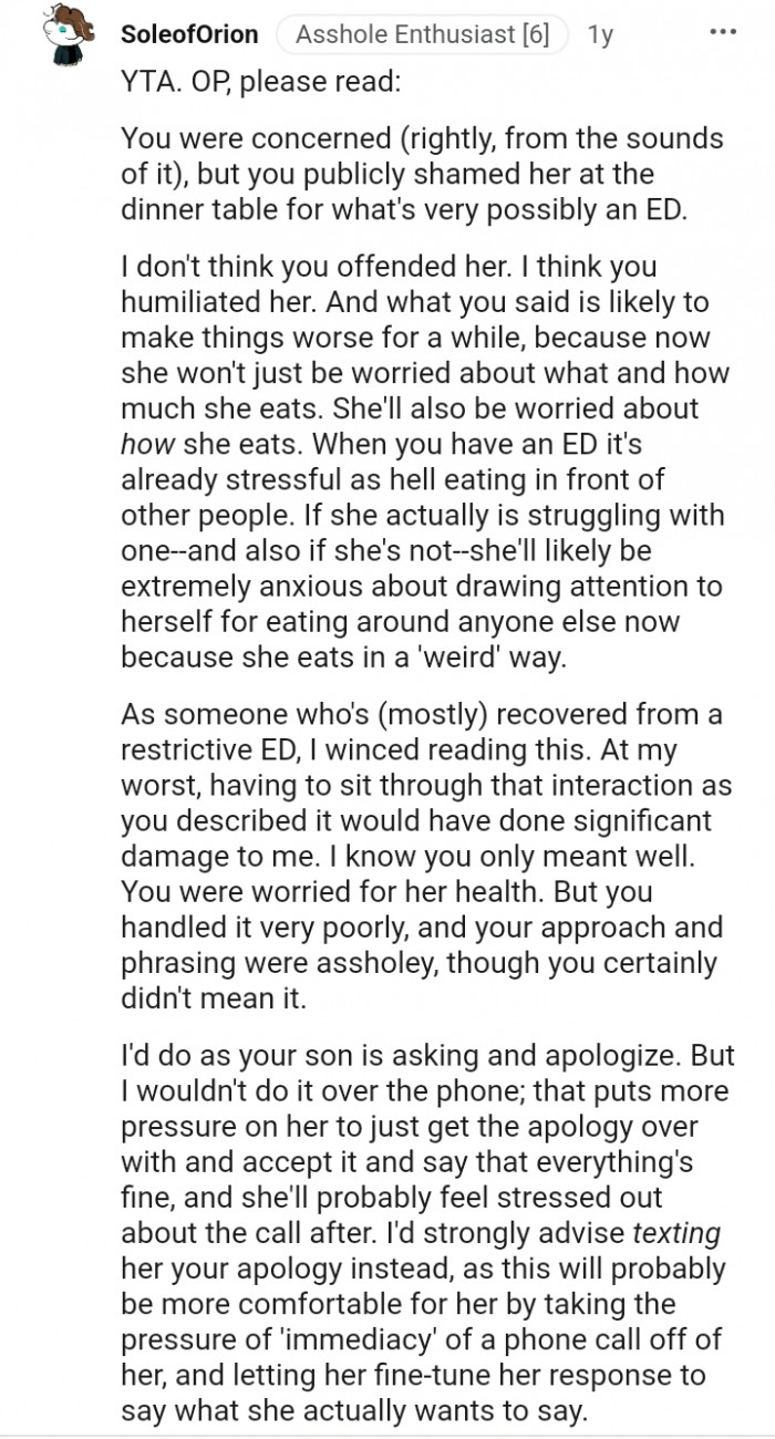 You publicly shamed her at the dinner table