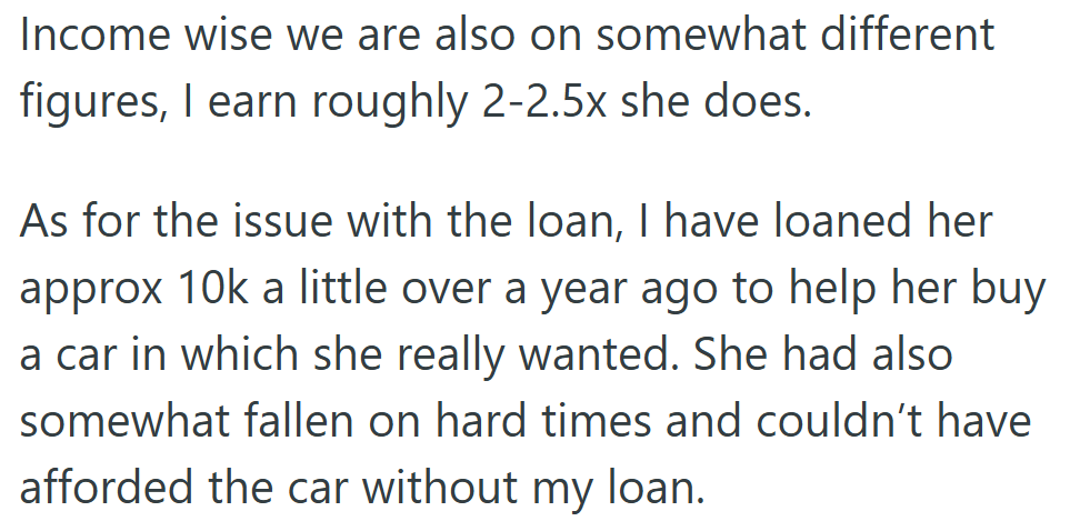 Despite their income gap, he loaned her $10,000 so she could buy the car she wanted.