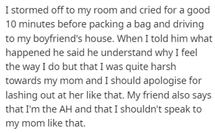OP packed her bags and went over to her boyfriend's house