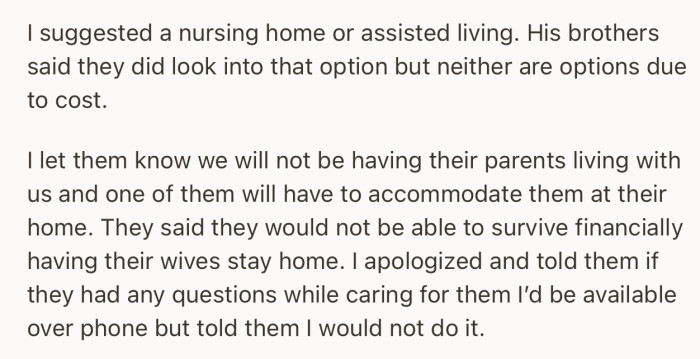 OP suggested a nursing home, insisting that her husband’s brother’s should take responsibility
