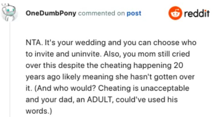 The prospective bride is contemplating excluding her parents from the wedding due to a hidden secret that dates back two decades.