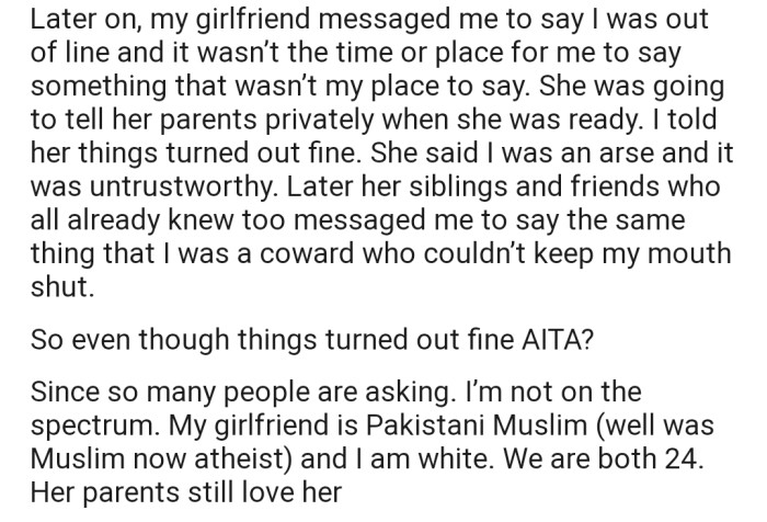Later on, OP's girlfriend slammed him for making such a revelation to her mom at the wrong time and place