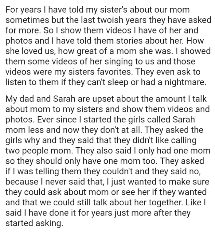 Ever since the OP started these stories, the girls called Sarah mom less and now they don't at all