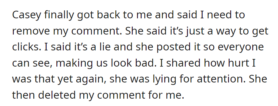Casey asked to remove a comment on her attention-seeking post, and eventually deleted it after OP expressed hurt.