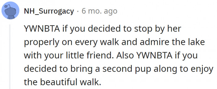 Another Redditor explained that she has every right to walk her dog on that beautiful public path:
