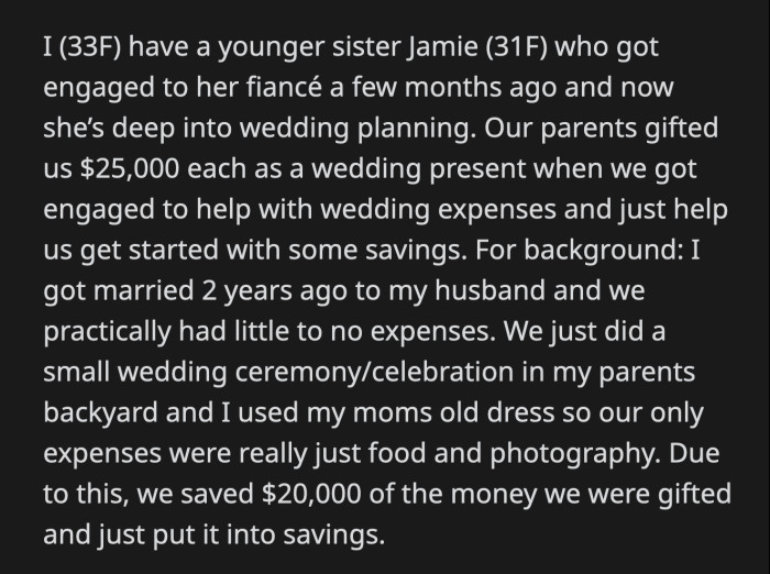 She has been relentlessly begging OP to give her the money or sponsor a portion of her pre-wedding parties or maybe her honeymoon.