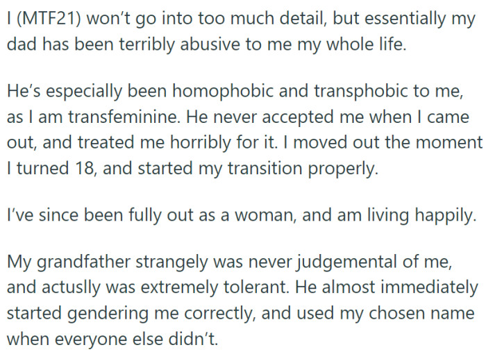 OP, a 21-year-old transgender woman, has had a rocky relationship with her father, particularly because of his homophobic and transphobic attitudes. However, her grandfather was supportive of her decision.