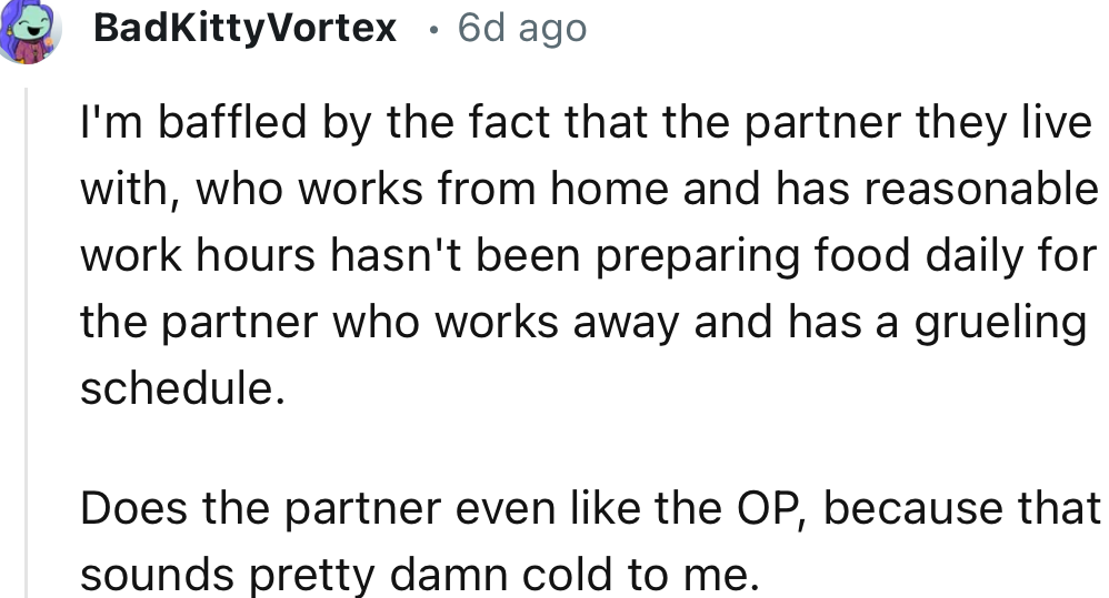 “I'm baffled by the fact that the partner they live with, who works from home and has reasonable work hours, hasn't been preparing food daily for the partner who works away and has a grueling schedule.”