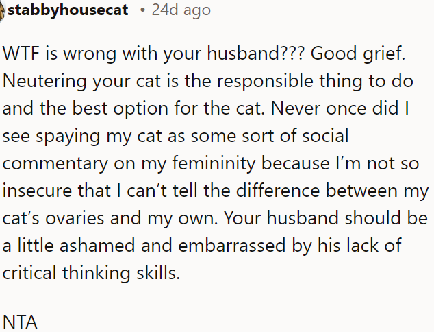 Neutering the cat is responsible and has nothing to do with OP's husband's insecurities; he should reconsider his stance.