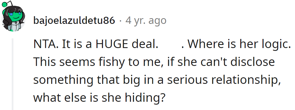 She should have been honest; it would have been known anyway