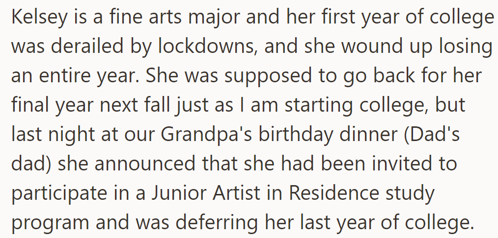 Kelsey, a fine arts major, lost a year to lockdowns. Now deferring her final year for a residency program.