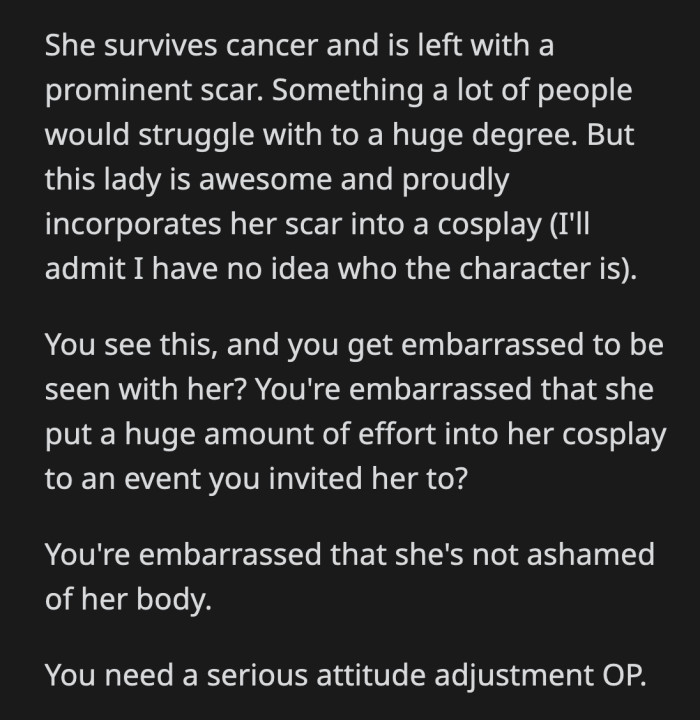 His girlfriend did her best to portray the character accurately, but since it wasn't done in service of OP's whims, it was shameful.