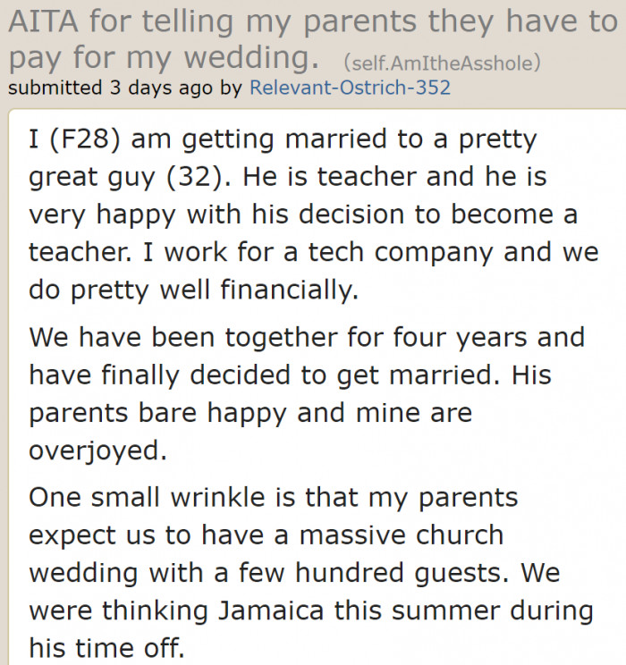 The couple wants a wedding in Jamaica while the original poster's (OP's) mom wants a big church wedding.