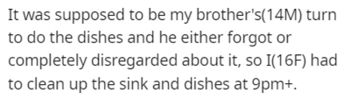 OP had to clean the dishes pretty late at night since her brother forgot about it