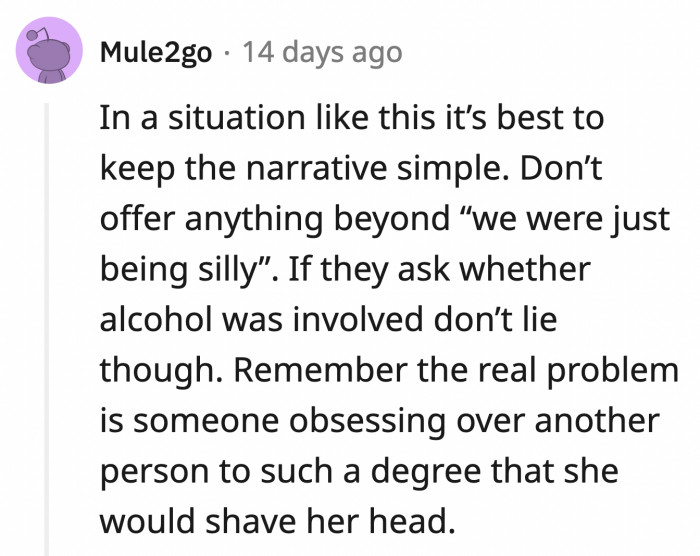 OP should keep her story simple and only provide details she was asked about.