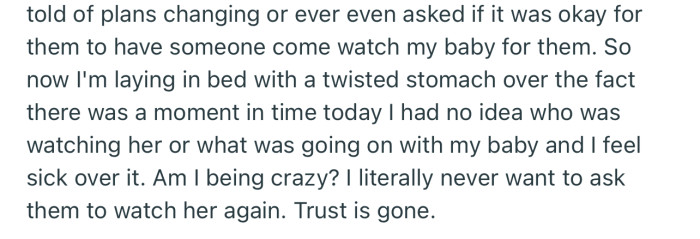 OP has decided never to allow her partner's parents to watch her baby ever again