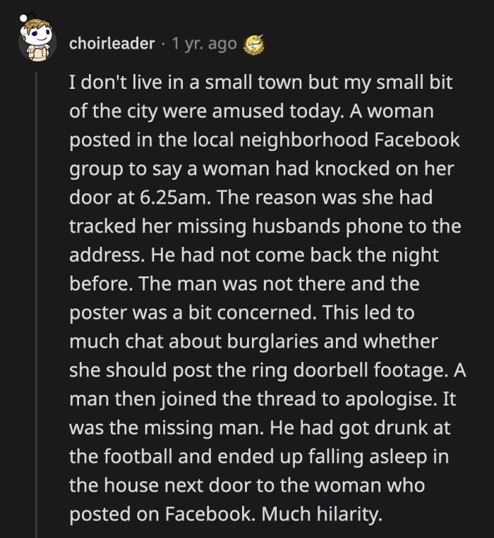 32. Who lives next door to the poster? Is drunk guy now known as divorced guy? We need more details!