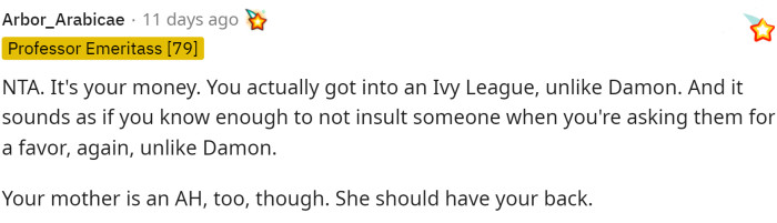 The first comment already states she's NTA and that her family is TA instead because of how they acted and for not having her back.