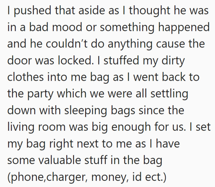 She goes into some details about how the rest of the interaction went with him after she came out of the bathroom.