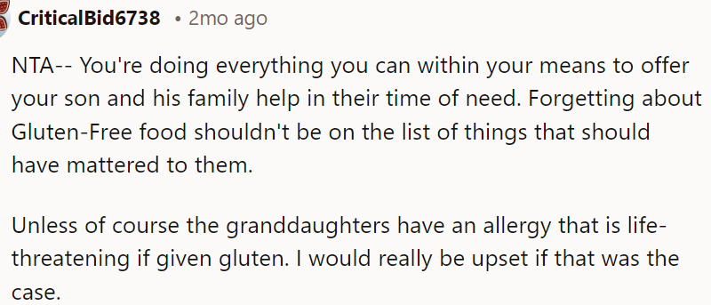 Unless it's a life-threatening allergy, it shouldn't be a big deal about gluten-free food.