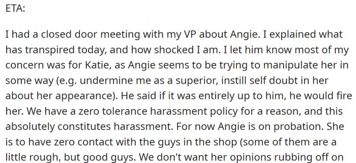 After this advice, the OP took the next step regarding her concerns: