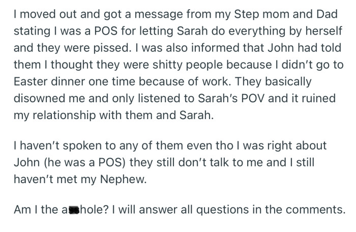 OP ended up being disowned by the family for “abandoning” her pregnant sister