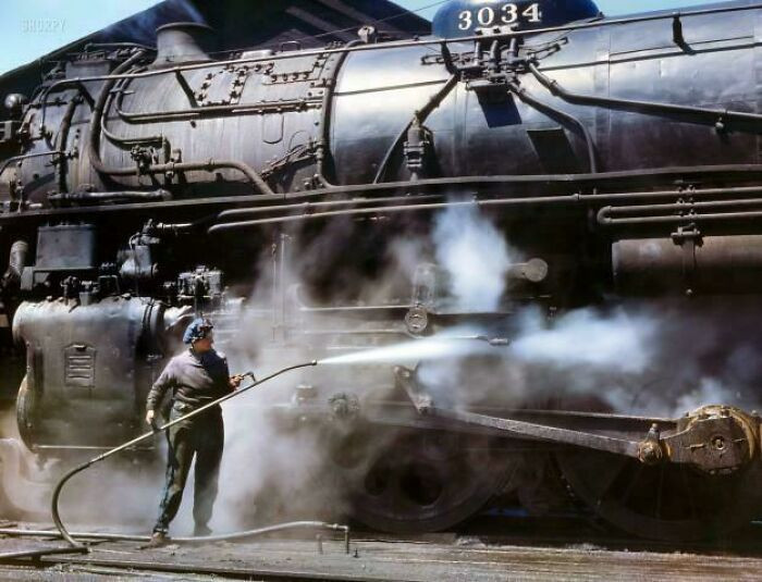 "Woman Cleans Train In Clinton, Iowa, April 1943, Kodachrome Shot"