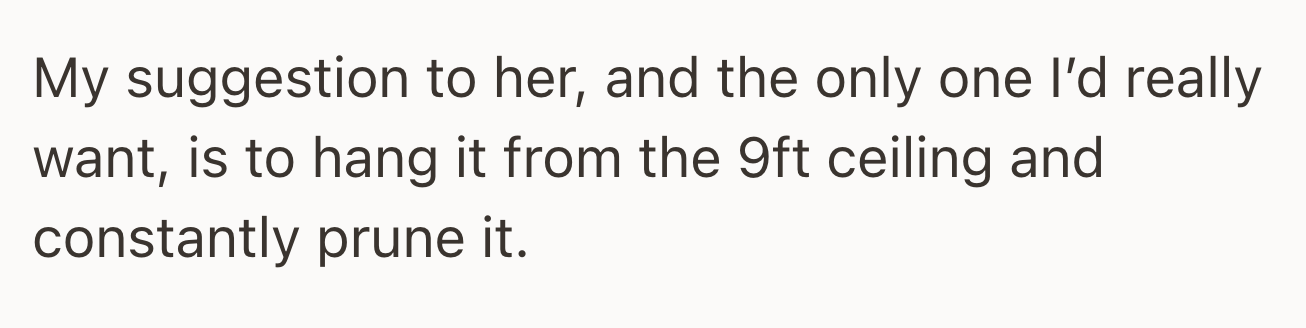 OP proposed hanging the plant from the 9ft ceiling and trimming it frequently.