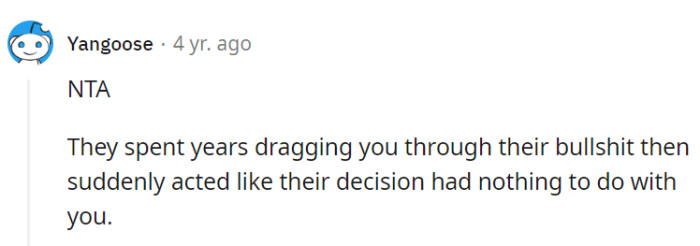 Right? OP deserves some peace in her life for once!