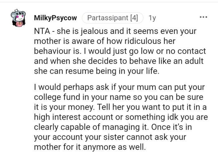 Telling her that the money is going into a high-interest account